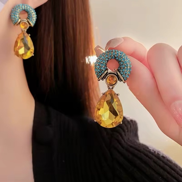 Bold Crystal Drop Earrings – Yellow Teardrop & Turquoise Studs - Picture 5 of 9